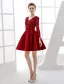Elegant Party Dresses 2016 V-neck Sequin Applique Lace Burgundy Satin Short Dress