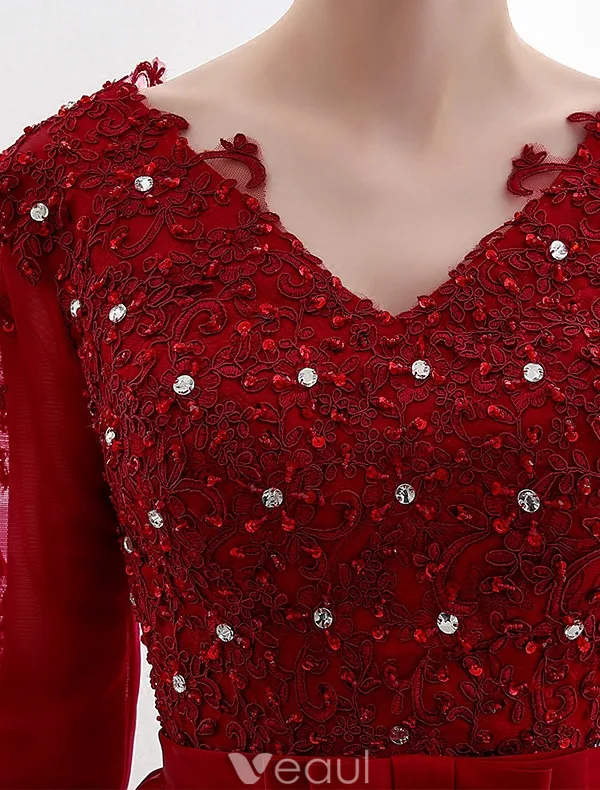 Elegant Party Dresses 2016 V-neck Sequin Applique Lace Burgundy Satin Short Dress