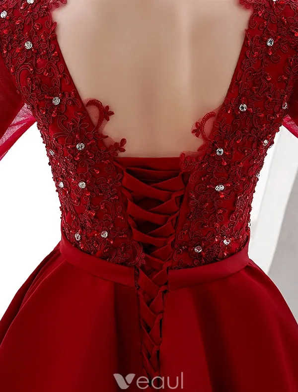 Elegant Party Dresses 2016 V-neck Sequin Applique Lace Burgundy Satin Short Dress
