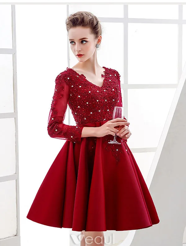 Elegant Party Dresses 2016 V-neck Sequin Applique Lace Burgundy Satin Short Dress