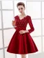 Elegant Party Dresses 2016 V-neck Sequin Applique Lace Burgundy Satin Short Dress