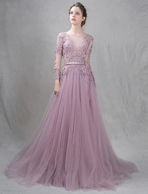 Robes De Soirée Élégantes 2016 Une Ligne Profonde Applique V Cou Dentelle Symétrique Volants Robe De Tulle Dos Nu