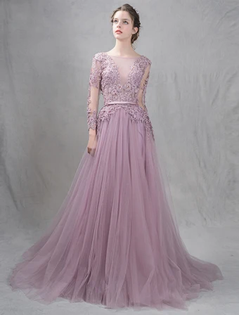 Elegant Evening Dresses 2016 A Line Deep V Neck Applique Symmetrical Lace Ruffle Tulle Backless Dress