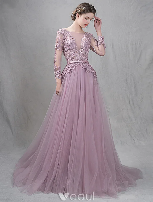Elegant Evening Dresses 2016 A-line Deep V-neck Applique Symmetrical Lace Ruffle Tulle Backless Dress