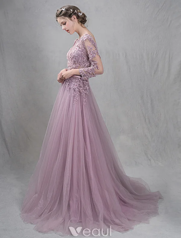 Elegant Evening Dresses 2016 A-line Deep V-neck Applique Symmetrical Lace Ruffle Tulle Backless Dress