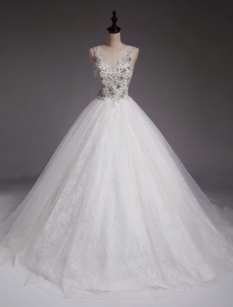 Handmade Wedding Dresses 2016 Ball Gown Scoop Neck High Grade Beading Pearl Rhinestone Backless Bridal Gowns