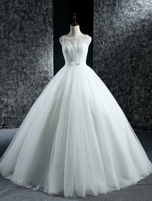 Robes De Mariée Élégantes 2016 Robe Boule Scoop Cou Perles Paillettes Perles Volants En Tulle Robe De Mariée Dos Nu