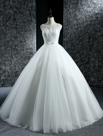 Elegant Wedding Dresses 2016 Ball Gown Scoop Neck Beading Sequins Pearls Ruffle Tulle Backless Bridal Gown