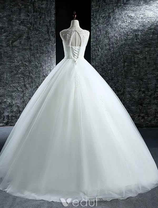 Robes De Mariée Élégantes 2016 Robe Boule Scoop Cou Perles Paillettes Perles Volants En Tulle Robe De Mariée Dos Nu