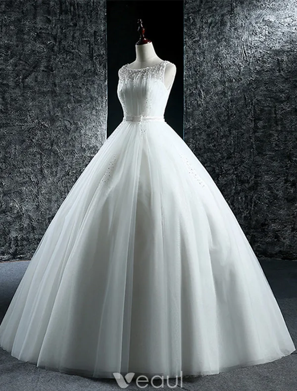 Robes De Mariée Élégantes 2016 Robe Boule Scoop Cou Perles Paillettes Perles Volants En Tulle Robe De Mariée Dos Nu