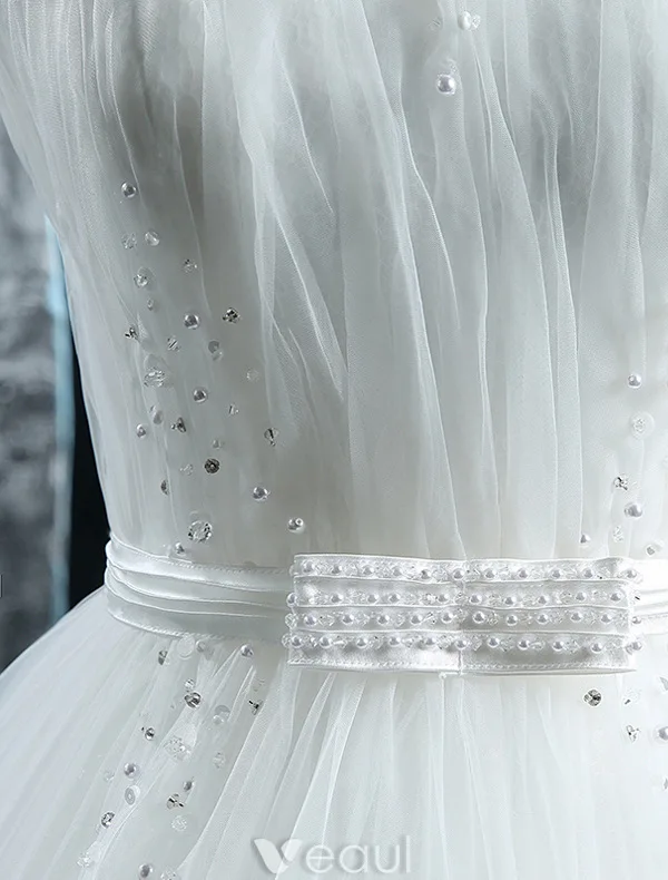 Robes De Mariée Élégantes 2016 Robe Boule Scoop Cou Perles Paillettes Perles Volants En Tulle Robe De Mariée Dos Nu