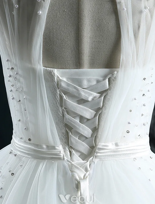 Robes De Mariée Élégantes 2016 Robe Boule Scoop Cou Perles Paillettes Perles Volants En Tulle Robe De Mariée Dos Nu