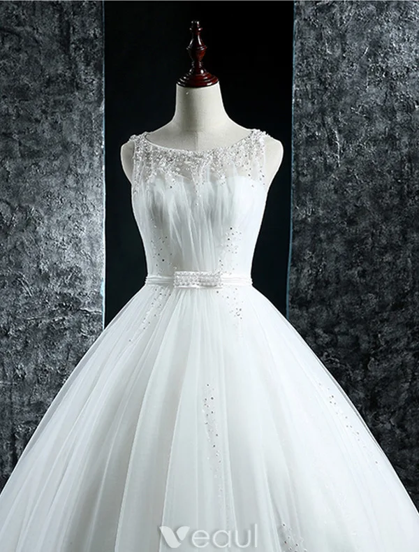 Robes De Mariée Élégantes 2016 Robe Boule Scoop Cou Perles Paillettes Perles Volants En Tulle Robe De Mariée Dos Nu