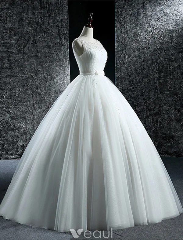 Robes De Mariée Élégantes 2016 Robe Boule Scoop Cou Perles Paillettes Perles Volants En Tulle Robe De Mariée Dos Nu