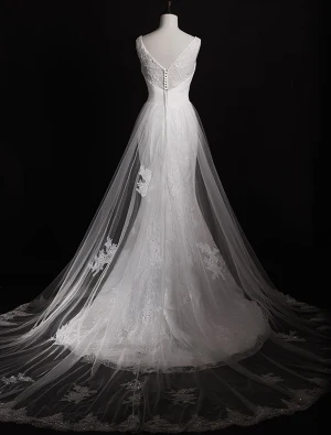 Robes De Mariage Magnifique 2016 Sirène Applique En Dentelle Perlage Strass Perles À Long Train Tulle Robes De Mariée