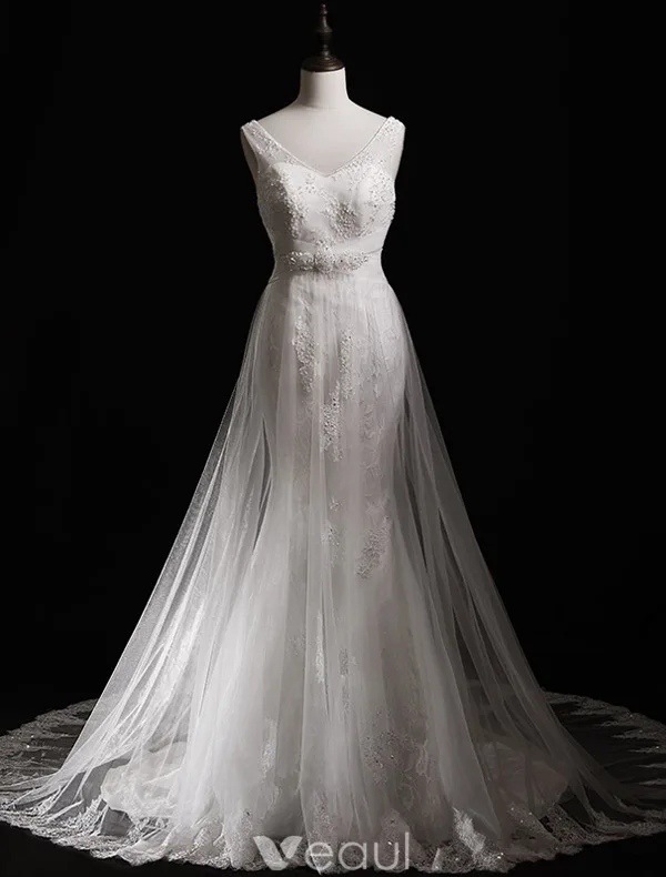 Stunning Wedding Dresses 2016 Mermaid Applique Lace Beading Pearls Rhinestones Long Tulle Train Bridal Gowns
