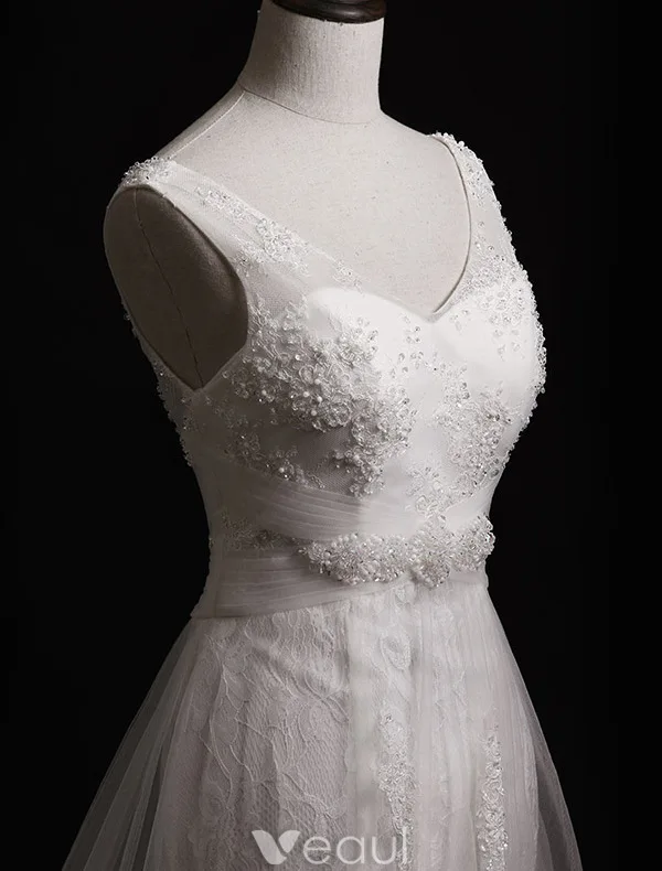 Stunning Wedding Dresses 2016 Mermaid Applique Lace Beading Pearls Rhinestones Long Tulle Train Bridal Gowns