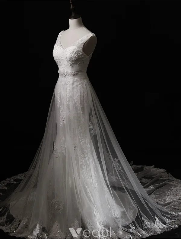 Stunning Wedding Dresses 2016 Mermaid Applique Lace Beading Pearls Rhinestones Long Tulle Train Bridal Gowns