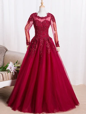Robes De Bal Élégantes 2016 Une Ligne De Robe En Dentelle Et Encolure Dentelle Appliques Bordeaux Tulle À Manches Longues