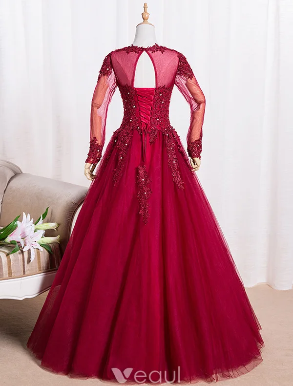 Elegant Prom Dresses 2016 A-line Scoop Lace Neck Applique Lace Burgundy Tulle Dress With Long Sleeves