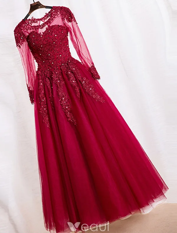 Elegant Prom Dresses 2016 A-line Scoop Lace Neck Applique Lace Burgundy Tulle Dress With Long Sleeves