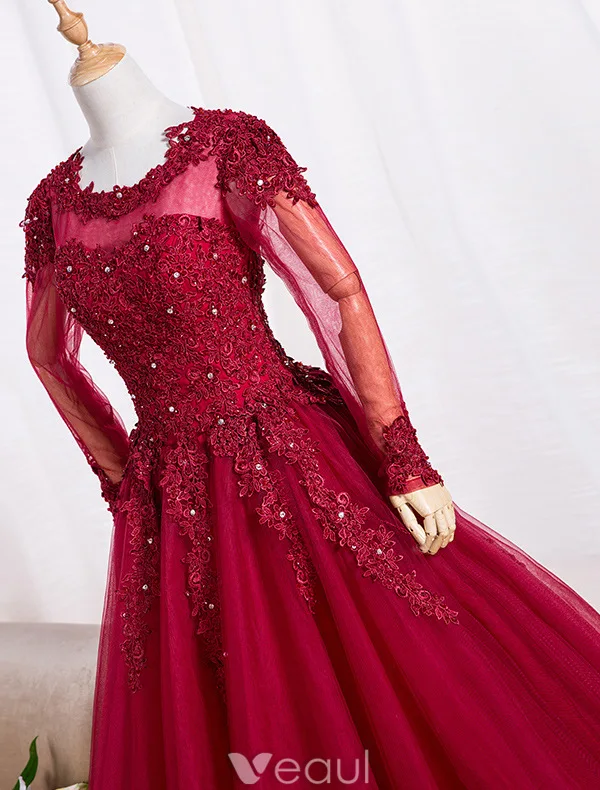 Elegant Prom Dresses 2016 A-line Scoop Lace Neck Applique Lace Burgundy Tulle Dress With Long Sleeves