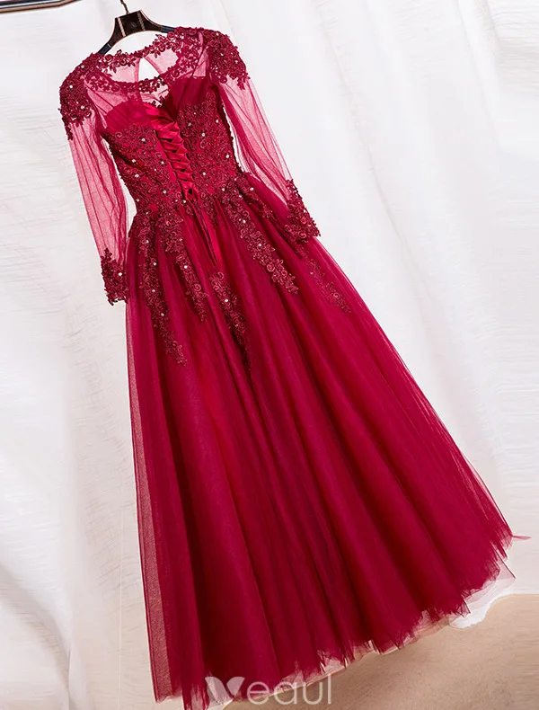 Elegant Prom Dresses 2016 A-line Scoop Lace Neck Applique Lace Burgundy Tulle Dress With Long Sleeves