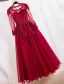 Elegant Prom Dresses 2016 A-line Scoop Lace Neck Applique Lace Burgundy Tulle Dress With Long Sleeves