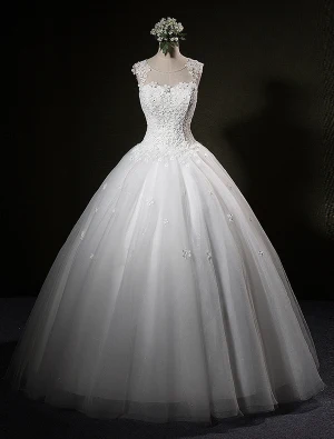 Belles Robe De Mariée 2016 Balle Robe Boule Strass Cou Appliques Pétales De Dentelle Sans Manches Robe De Mariée