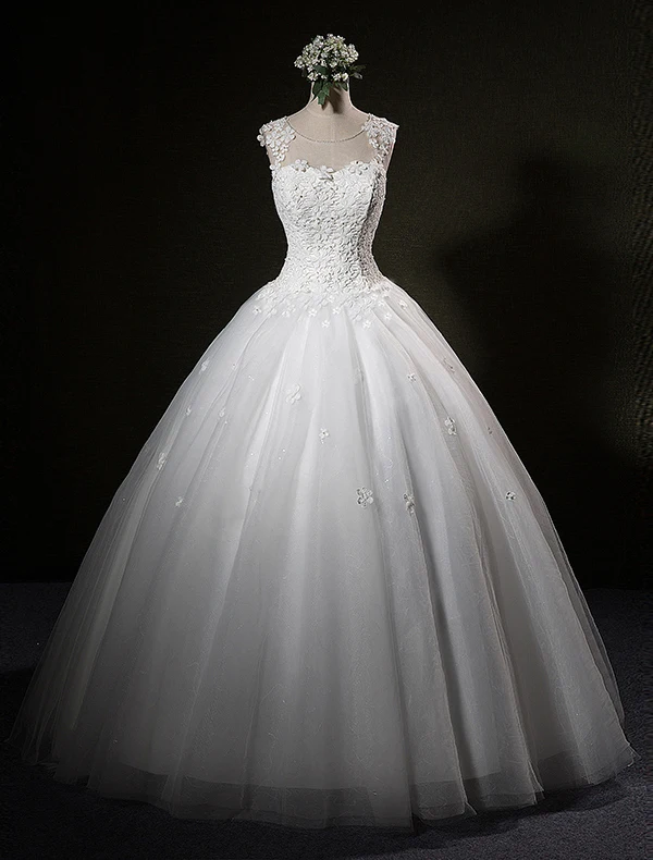 Beautiful Wedding Dresses 2016 Ball Gown Scoop Rhinestone Neck Applique Lace Petals Sleeveless Bridal Gown