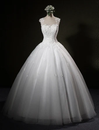 Beautiful Wedding Dresses 2016 Ball Gown Scoop Rhinestone Neck Applique Lace Petals Sleeveless Bridal Gown