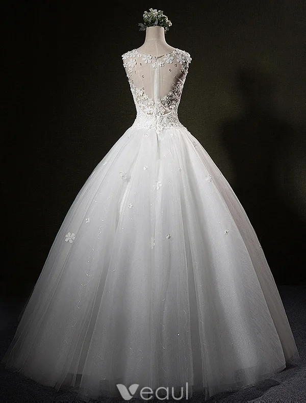 Beautiful Wedding Dresses 2016 Ball Gown Scoop Rhinestone Neck Applique Lace Petals Sleeveless Bridal Gown