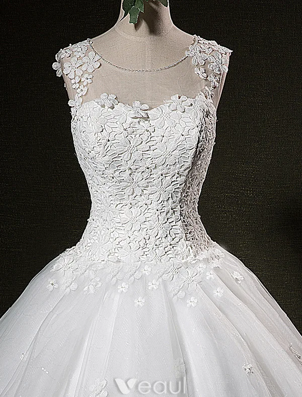 Beautiful Wedding Dresses 2016 Ball Gown Scoop Rhinestone Neck Applique Lace Petals Sleeveless Bridal Gown