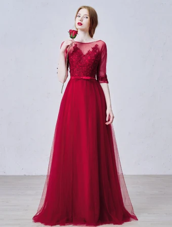 Elegant Prom Dresses 2016 A Line Square Neck Applique Lace Burgundy Tulle Formal Dress