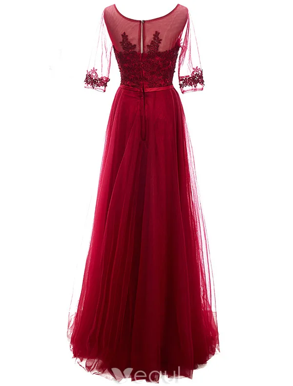 Elegant Prom Dresses 2016 A-line Square Neck Applique Lace Burgundy Tulle Formal Dress