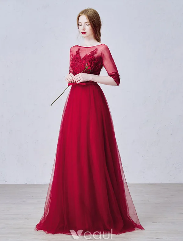 Elegant Prom Dresses 2016 A-line Square Neck Applique Lace Burgundy Tulle Formal Dress