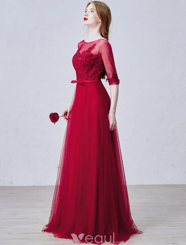 Elegant Prom Dresses 2016 A-line Square Neck Applique Lace Burgundy Tulle Formal Dress