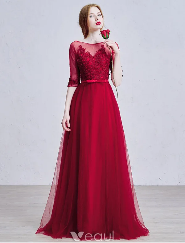 Elegant Prom Dresses 2016 A-line Square Neck Applique Lace Burgundy Tulle Formal Dress