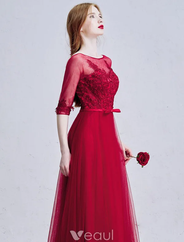 Elegant Prom Dresses 2016 A-line Square Neck Applique Lace Burgundy Tulle Formal Dress