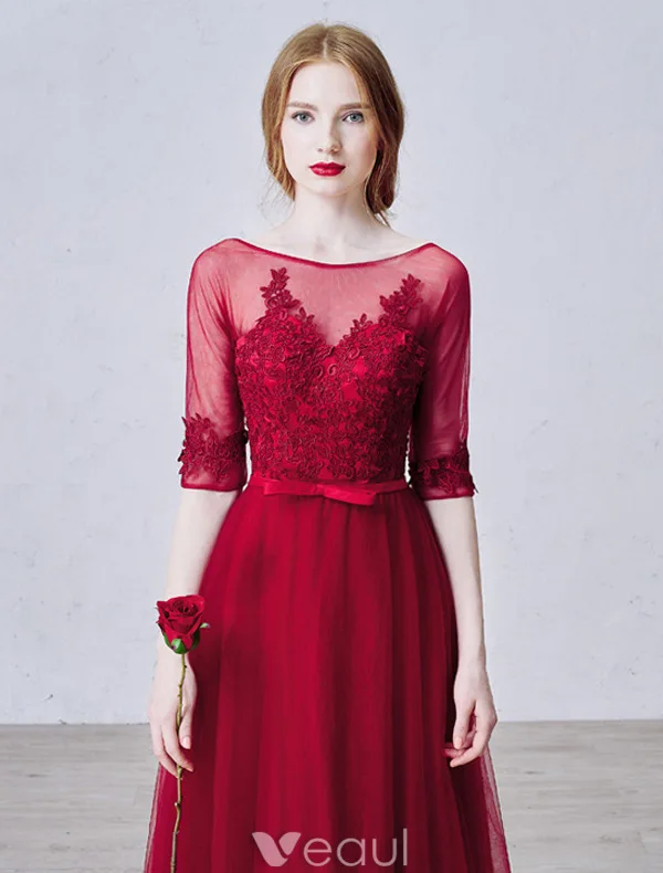 Elegant Prom Dresses 2016 A-line Square Neck Applique Lace Burgundy Tulle Formal Dress