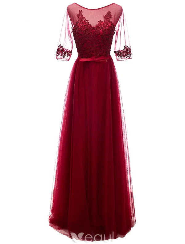 Elegant Prom Dresses 2016 A-line Square Neck Applique Lace Burgundy Tulle Formal Dress