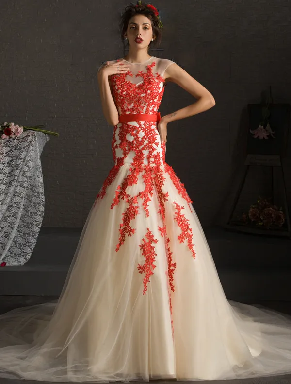 Stunning Prom Dresses 2016 Mermaid Applique Red Lace Champagne Tulle Dress With Bow-knot