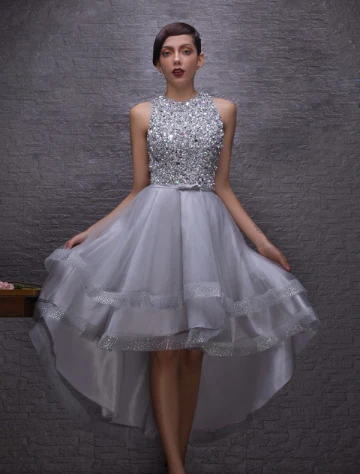 Robe De Cocktail Étincelant 2016 Encolure Dégagée Perlage Cristaux De Paillettes Strass Robe Asymétrique