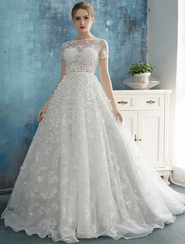 Beautiful Petals Wedding Dresses 2016 A-line Square Neckline Handmade Bridal Gowns