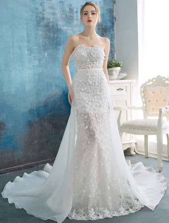 Robes De Mariage De Plage Imprenable 2016 Fleurs En Dentelle Sirène Bustier Appliques De Train Amovible Robe De Mariée