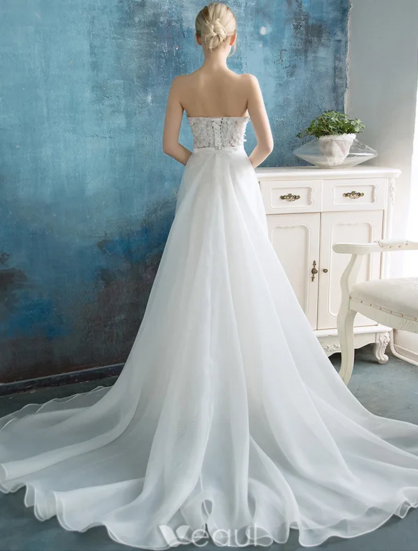 Stunning Beach Wedding Dresses 2016 Mermaid Strapless Applique Lace Flowers Detachable Train Bridal Gown