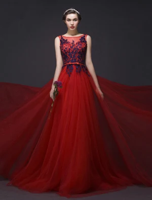 Robe De Bal Élégantes 2016 Une Ligne Sans Manches En Dentelle Applique Bleu Royal Tulle Rouge Robe Longue