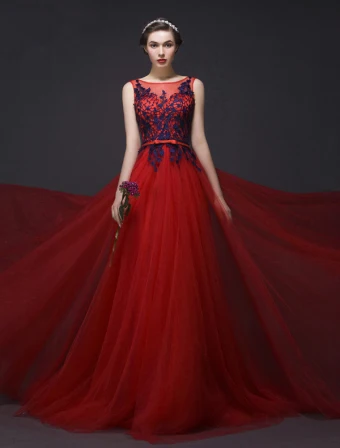Robe De Bal Élégantes 2016 Une Ligne Sans Manches En Dentelle Applique Bleu Royal Tulle Rouge Robe Longue