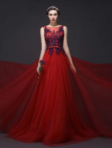 Elegant Prom Dresses 2016 A Line Sleeveless Applique Royal Blue Lace Red Tulle Long Dress