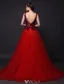 Elegant Prom Dresses 2016 A-line Sleeveless Applique Royal Blue Lace Red Tulle Long Dress